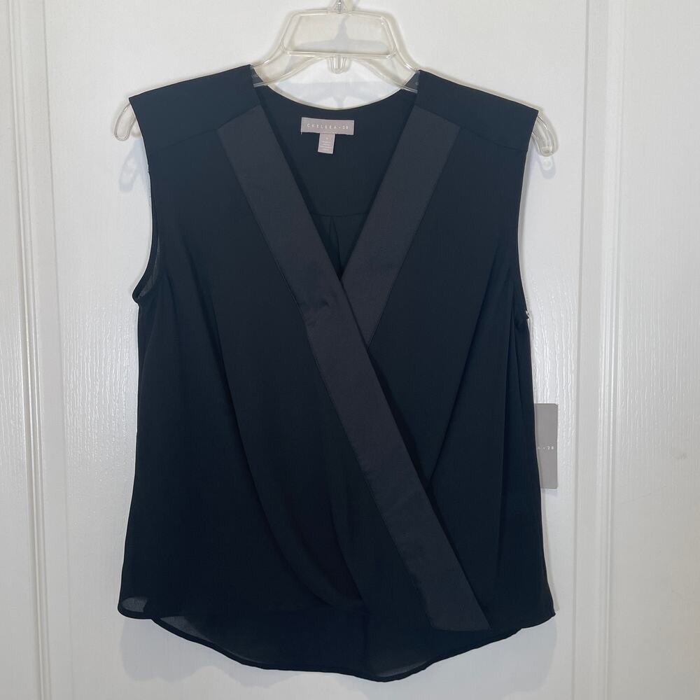 Chelsea28 Nordstrom Satin Trim‎ Wrap Top Sleeveless Vneck Black NWT S